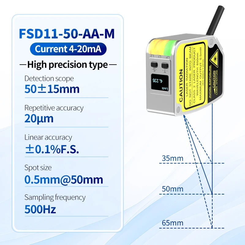 FSD11-50-AA-M OLED Digital Display Analog 4-20mA High Accuracy 0.01mm Laser Displacement Sensor
FSD11-50-AA-M OLED Digital Display Analog 4-20mA High Accuracy 0.01mm Laser Displacement Sensor