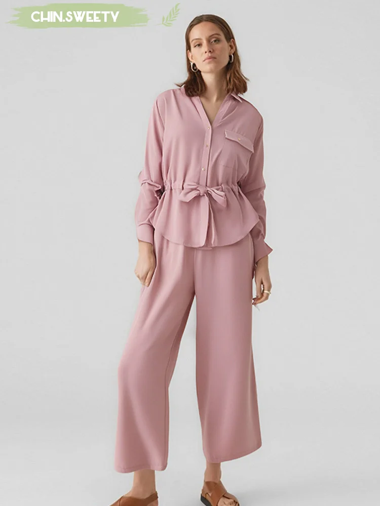 Solid Chiffon Drawstring Shirt Pants Set Women Casual Loose Waist Long Sleeved Two Piece Suit 2025 New Summer Holiday Lady Wear
Solid Chiffon Drawstring Shirt Pants Set Women Casual Loose Waist Long Sleeved Two Piece Suit 2025 New Summer Holiday Lady Wear