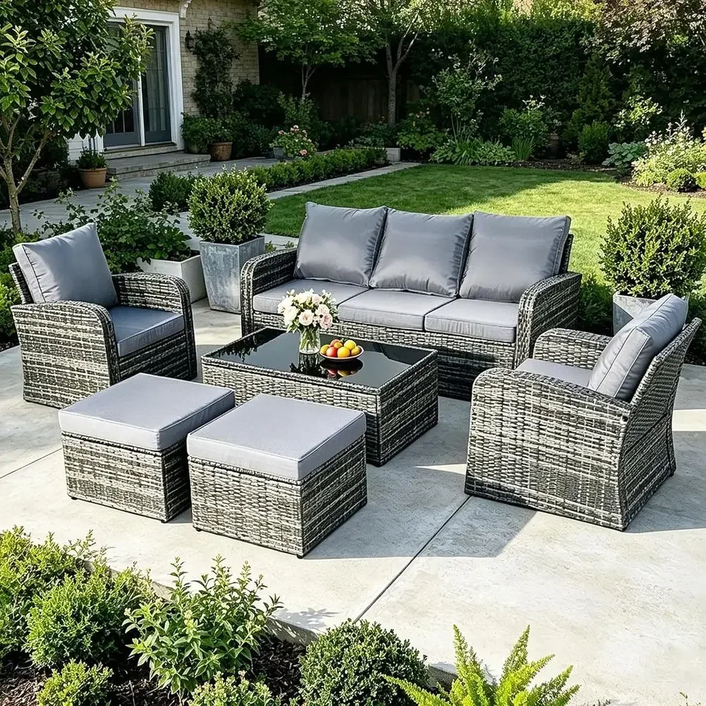6-Piece Outdoor Patio Furniture Set: Wicker Sofa, Chairs with Cushions & Ottomans, All-Weather PE Rattan, Comfortable for Backya
6-Piece Outdoor Patio Furniture Set: Wicker Sofa, Chairs with Cushions & Ottomans, All-Weather PE Rattan, Comfortable for Backya