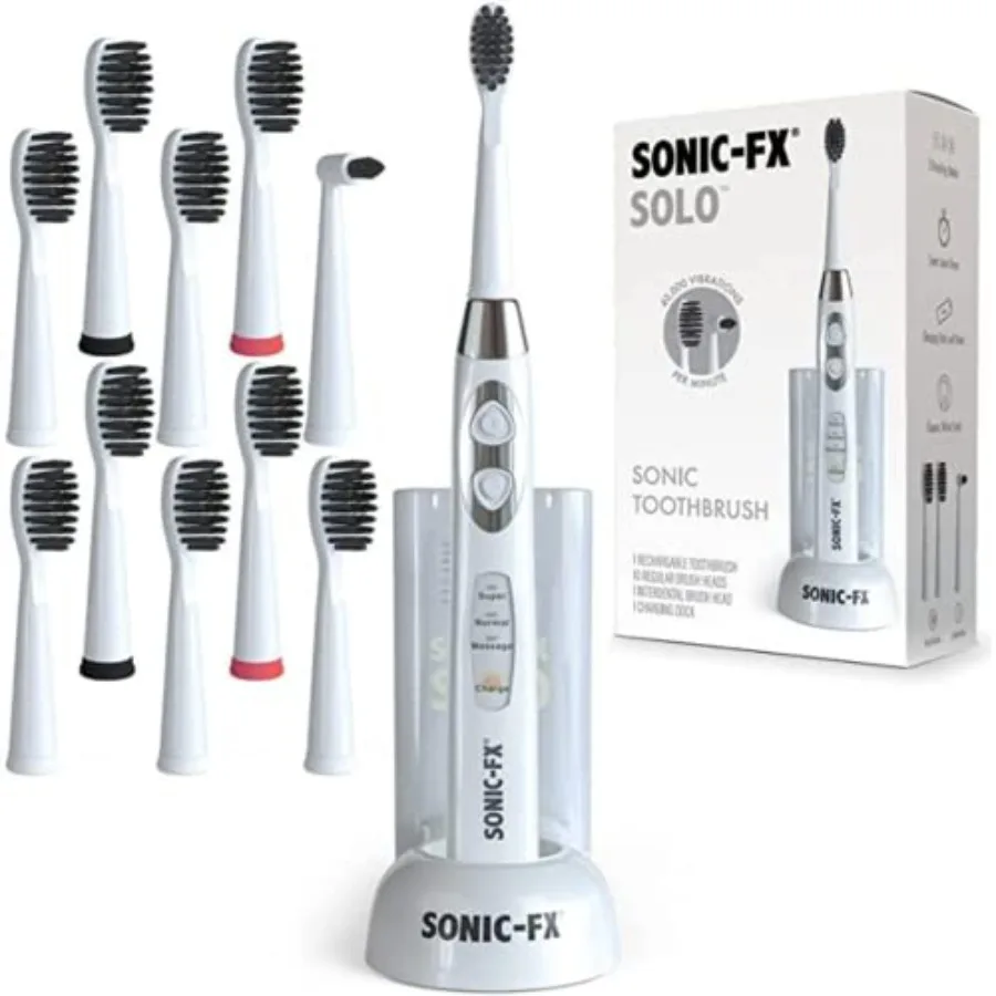 Solo Electric Toothbrush w/ 10 Brush Heads + 1 Interdental Charcoal Bristles Rechargeable Charging/Storage Base 3 Brush Modes S
Solo Electric Toothbrush w/ 10 Brush Heads + 1 Interdental Charcoal Bristles Rechargeable Charging/Storage Base 3 Brush Modes S