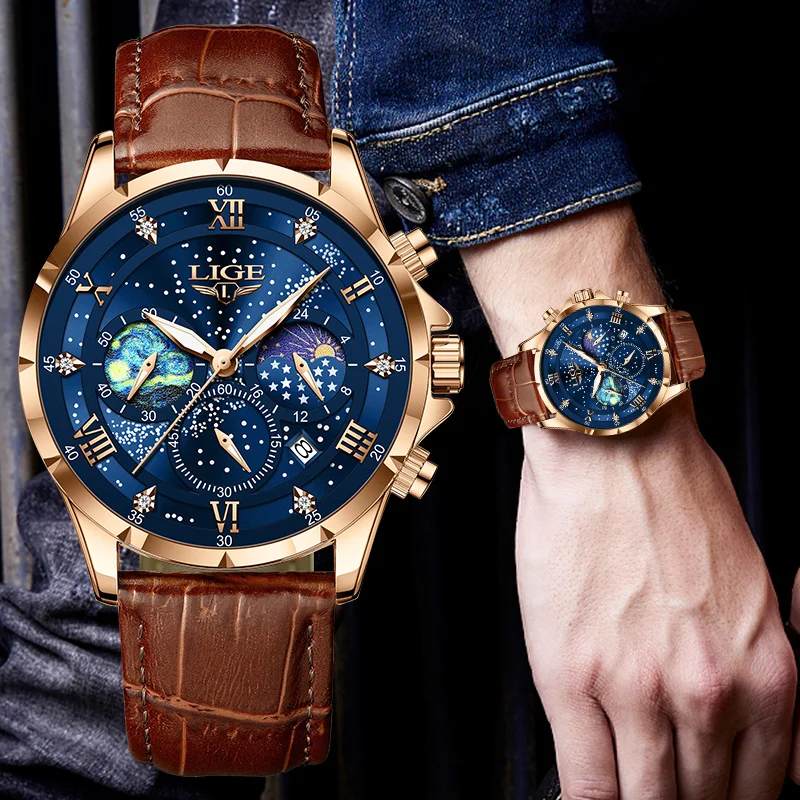 LIGE Luxury Man Watch Quartz Waterproof Luminous Date Chronograph Leather Men Wristwatch Moon Phase Outdoor Sports Men Watches
LIGE Luxury Man Watch Quartz Waterproof Luminous Date Chronograph Leather Men Wristwatch Moon Phase Outdoor Sports Men Watches