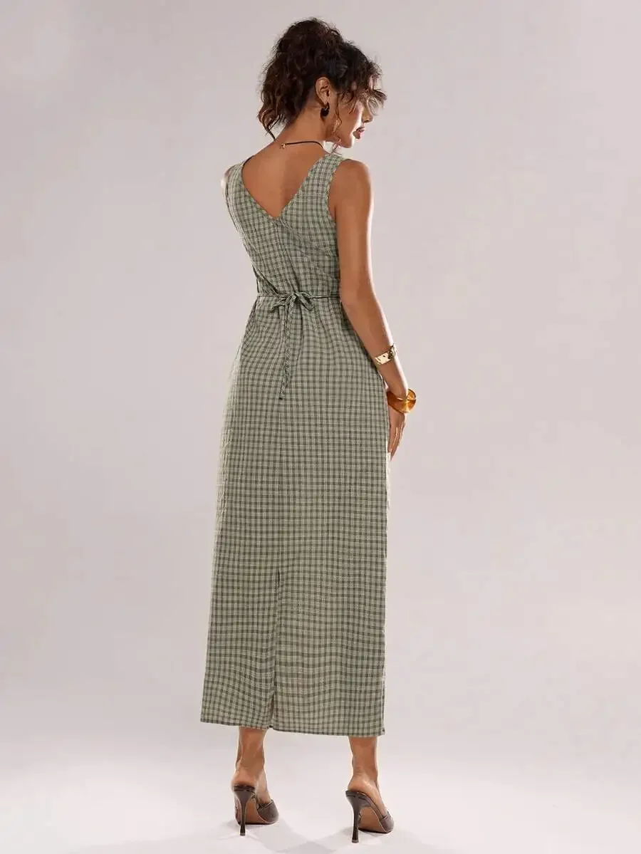 Green Plaid Sleeveless V-Neck Long Dress For Women Casual Summer Outfit
Green Plaid Sleeveless V-Neck Long Dress For Women Casual Summer Outfit