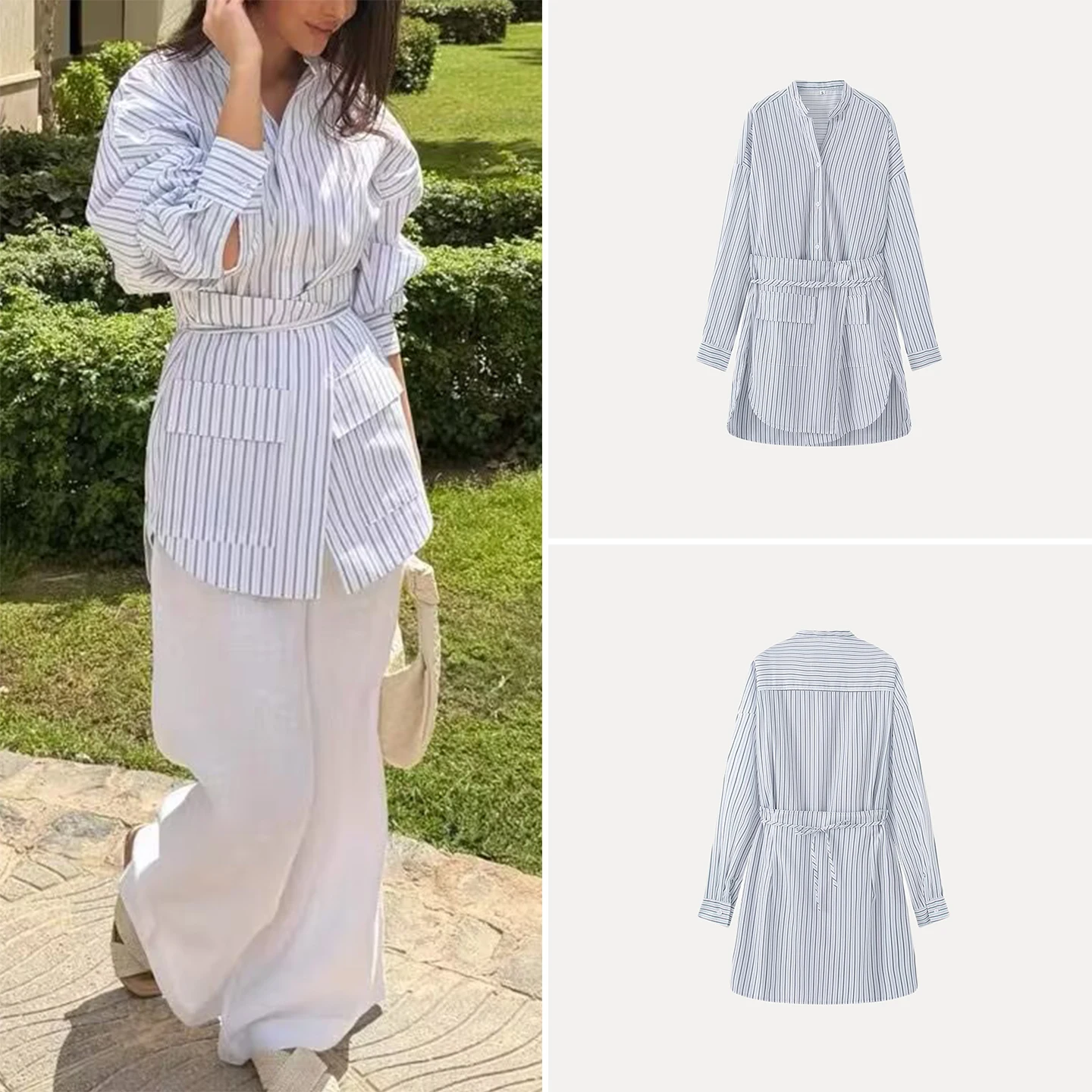 Women's Summer 2026 Casual Style Shirt Two-Way Wear Loose Fit Striped Lazy Design Shoulder-Down Wide-Shape Waist Belt
Women's Summer 2026 Casual Style Shirt Two-Way Wear Loose Fit Striped Lazy Design Shoulder-Down Wide-Shape Waist Belt