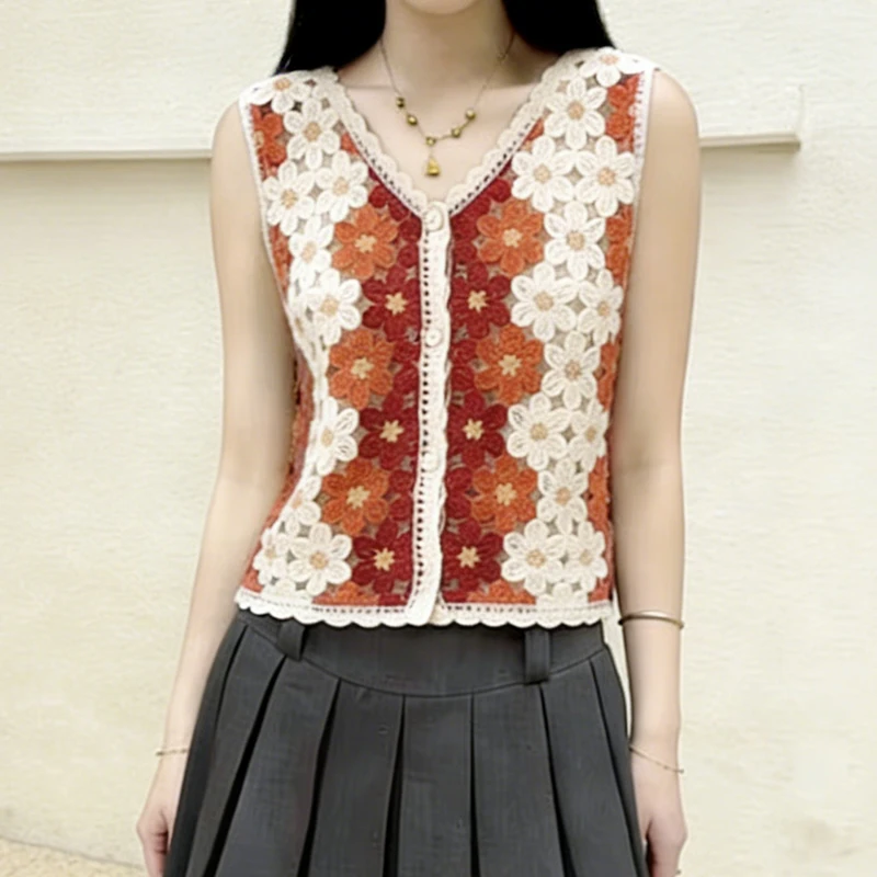Women Floral Crochet Vest Button-up Open Work Sleeveless Jacket Knitted Waistcoat Top Boho Vacation Spring Summer 2026
Women Floral Crochet Vest Button-up Open Work Sleeveless Jacket Knitted Waistcoat Top Boho Vacation Spring Summer 2026