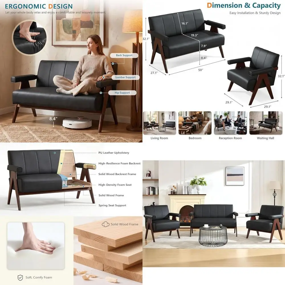 Mid-Century Modern 3-Piece Leather Sofa & Accent Chairs Set with Wooden Arms
Mid-Century Modern 3-Piece Leather Sofa & Accent Chairs Set with Wooden Arms