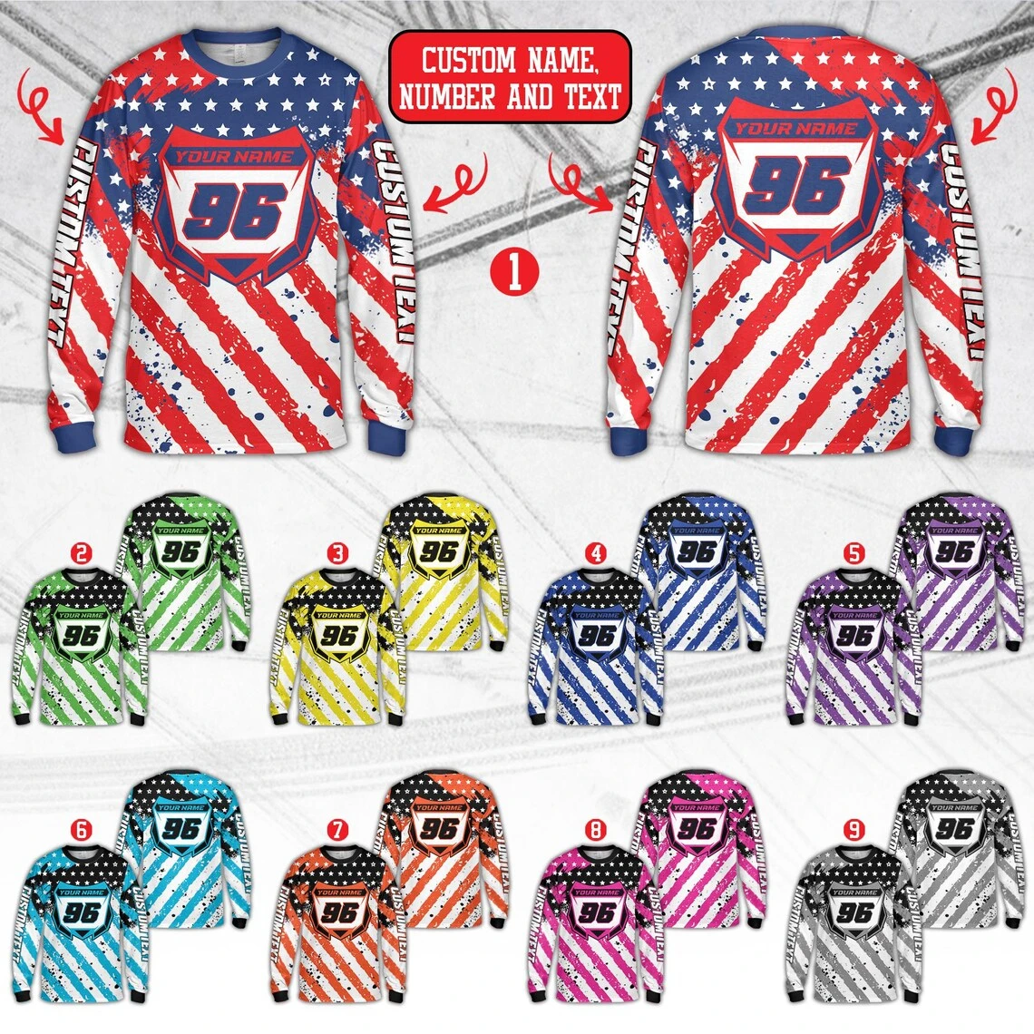 Summer Patriotic USA Flag Racing Jersey Custom Name Number And Slogan All Over Print Long Sleeve Top For Dirt Bike Enthusiasts
Summer Patriotic USA Flag Racing Jersey Custom Name Number And Slogan All Over Print Long Sleeve Top For Dirt Bike Enthusiasts