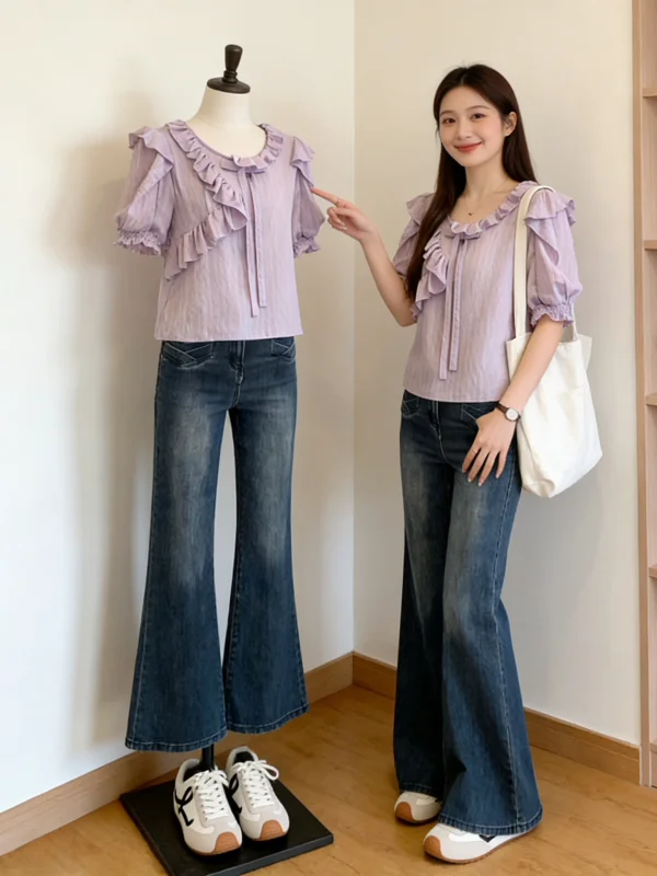 Purple Bell Sleeve Short Sleeve Shirt Women's Beautiful Lace Trim Top Korean Style Bubble Sleeve Loose Fit Summer New Arrival
Purple Bell Sleeve Short Sleeve Shirt Women's Beautiful Lace Trim Top Korean Style Bubble Sleeve Loose Fit Summer New Arrival