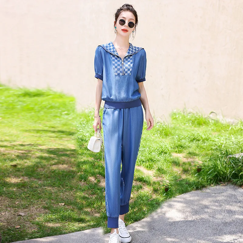 Fashion denim casual pants set for women 2023 summer two-piece T-shirt+denim wide leg pants thin ice silk Suits
Fashion denim casual pants set for women 2023 summer two-piece T-shirt+denim wide leg pants thin ice silk Suits