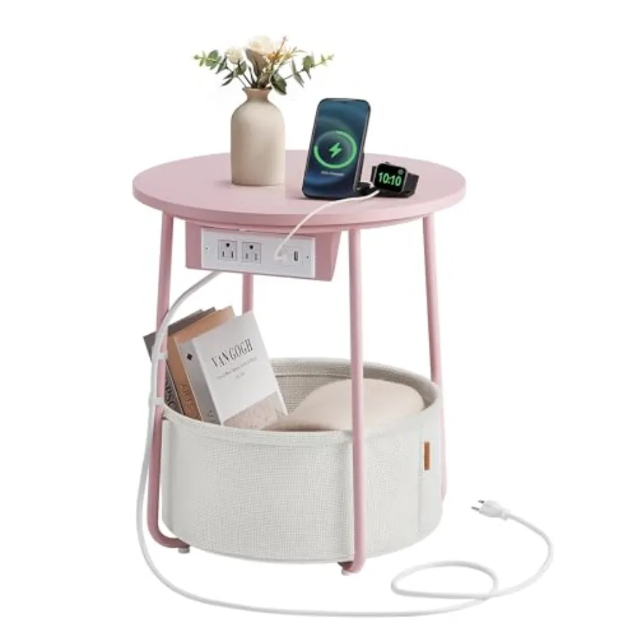 Side table with charging station for living room and bedroom, fabric basket, USB ports, modern design, jelly pink and cream whi
Side table with charging station for living room and bedroom, fabric basket, USB ports, modern design, jelly pink and cream whi