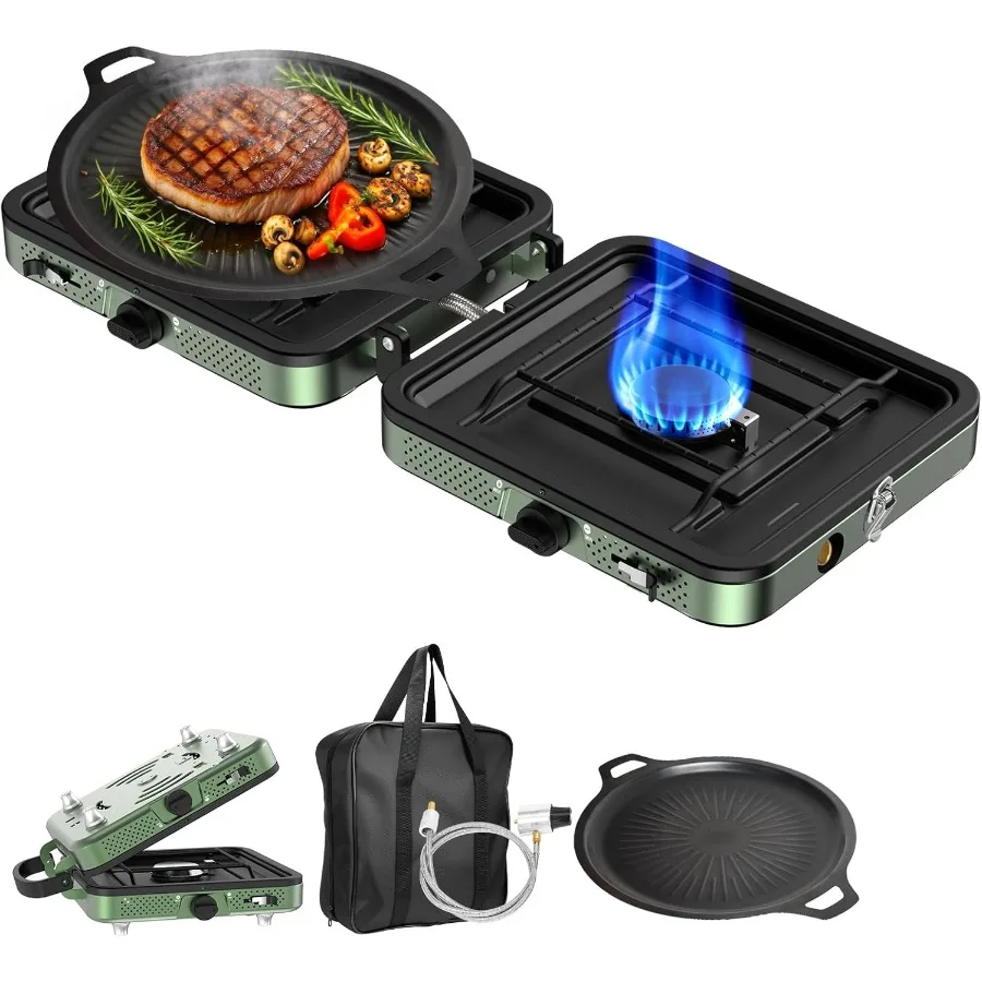 Portable 2-Burner Foldable Camping Stove with Griddle and Carrying Bag Hose 8600BTU Propane Camp Stove Featuring Push-Button Ig
Portable 2-Burner Foldable Camping Stove with Griddle and Carrying Bag Hose 8600BTU Propane Camp Stove Featuring Push-Button Ig
