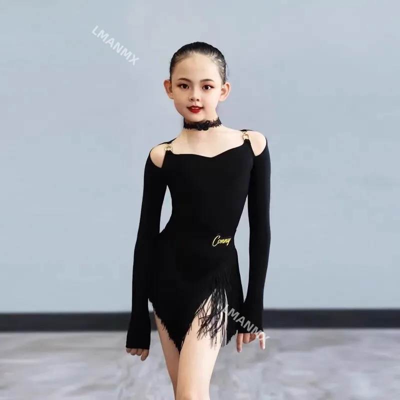 Latin dance costume, female dance training skill jumpsuit, long sleeved tassel skirt, children's black class set
Latin dance costume, female dance training skill jumpsuit, long sleeved tassel skirt, children's black class set