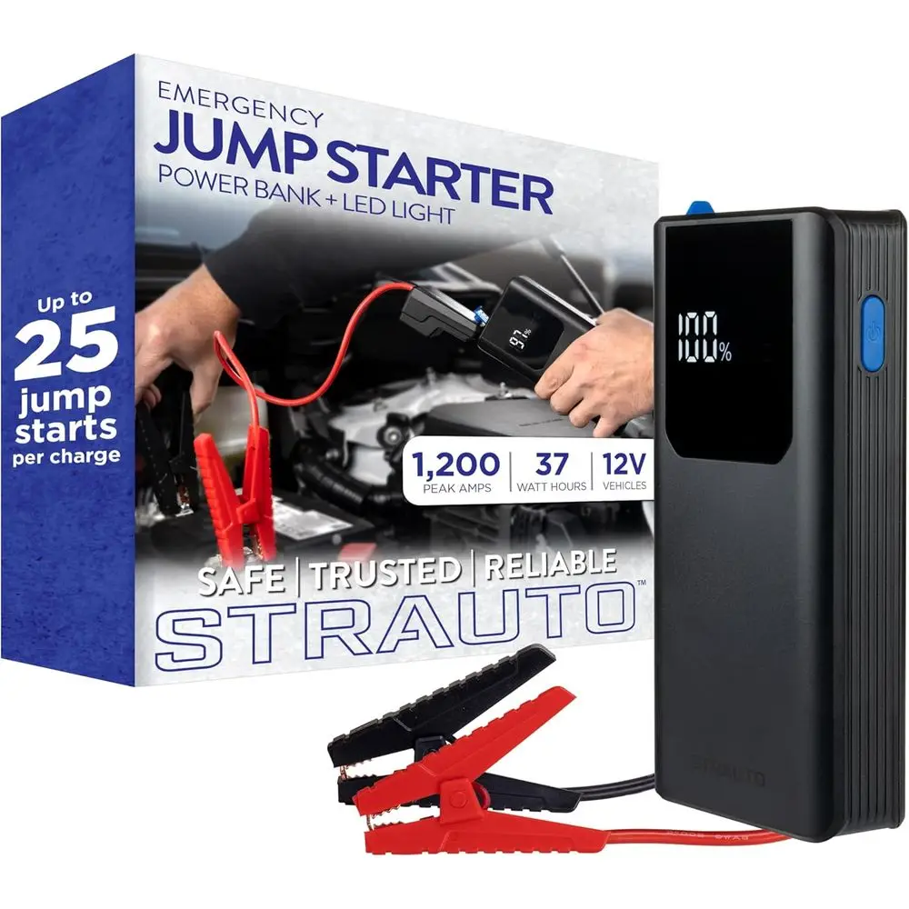 12V Portable Jump Starter, 1200A Peak Power Bank with USB-A/C Cable, Jumper Cables, and Enclosed Flashlight
12V Portable Jump Starter, 1200A Peak Power Bank with USB-A/C Cable, Jumper Cables, and Enclosed Flashlight