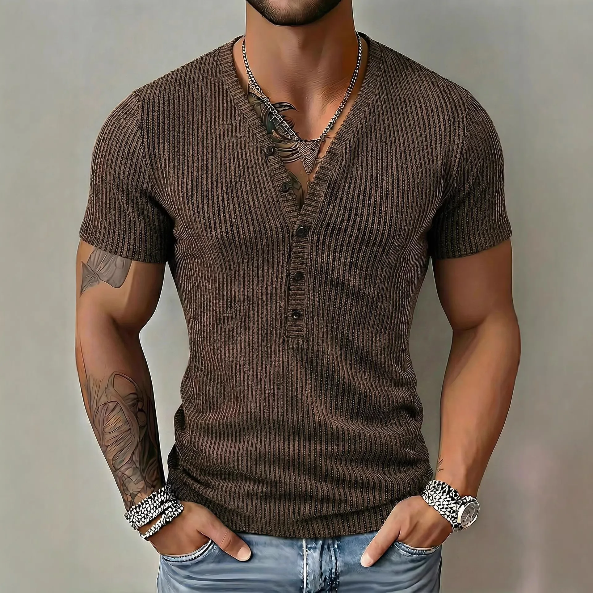 2026 Summer Men's V-Neck T-Shirt Top Solid Color Short Sleeve Henley Shirt
2026 Summer Men's V-Neck T-Shirt Top Solid Color Short Sleeve Henley Shirt