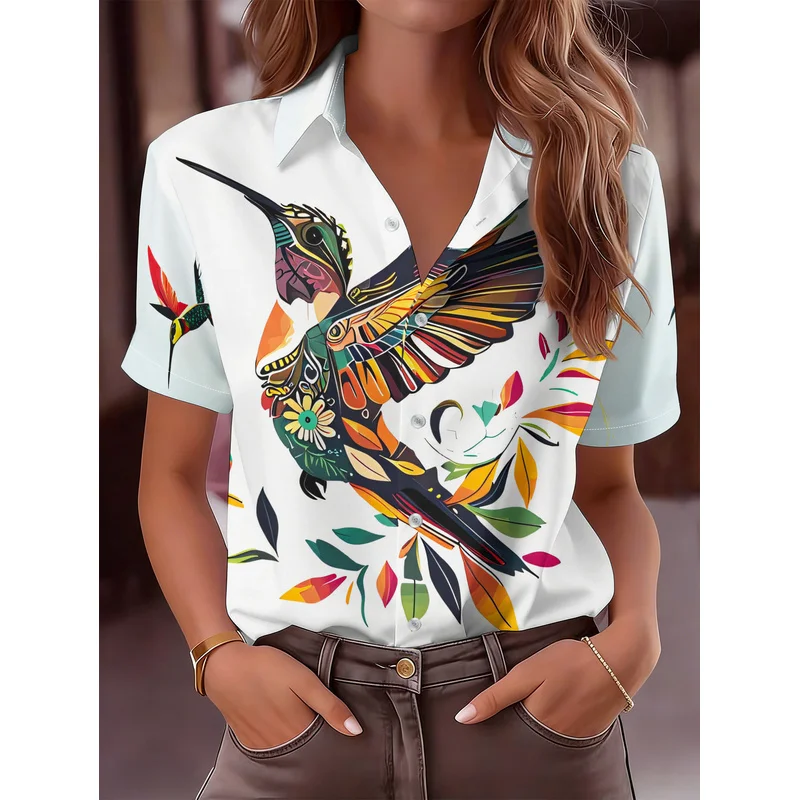 Women's Casual Short Sleeve Button-Up Shirt Colorful Hummingbird Multi-Colored Leaves Pattern Machine Washable Fashionable Top
Women's Casual Short Sleeve Button-Up Shirt Colorful Hummingbird Multi-Colored Leaves Pattern Machine Washable Fashionable Top