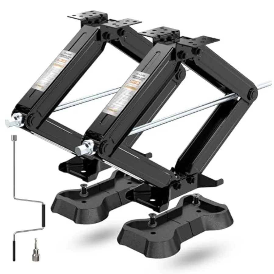 RV scissor jacks for travel trailer stabilization, steel construction, black, 7500 lbs capacity, 24-inch lift, includes levelin
RV scissor jacks for travel trailer stabilization, steel construction, black, 7500 lbs capacity, 24-inch lift, includes levelin