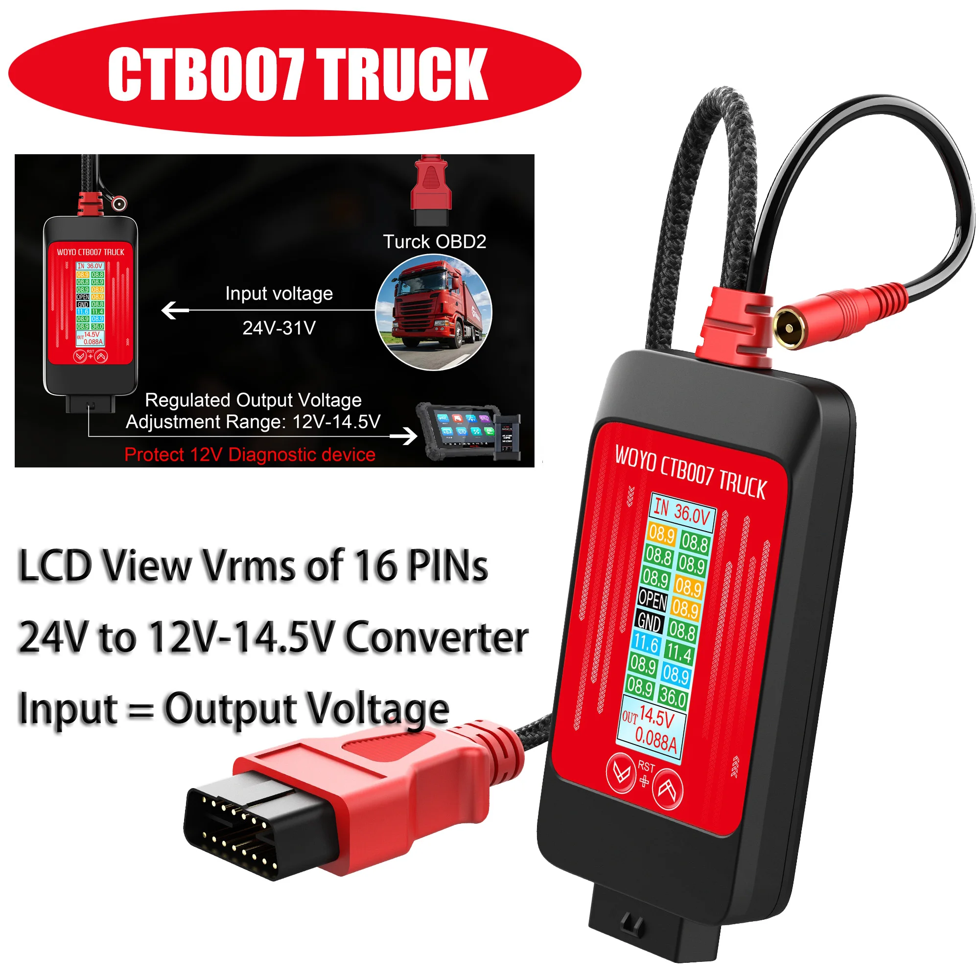 WOYO CTB007 24V to 24V/12V-14.5V Regulated Output Voltage Converter for Truck OBD Power Booster and Protector TRUCK OBD2 Tester
WOYO CTB007 24V to 24V/12V-14.5V Regulated Output Voltage Converter for Truck OBD Power Booster and Protector TRUCK OBD2 Tester