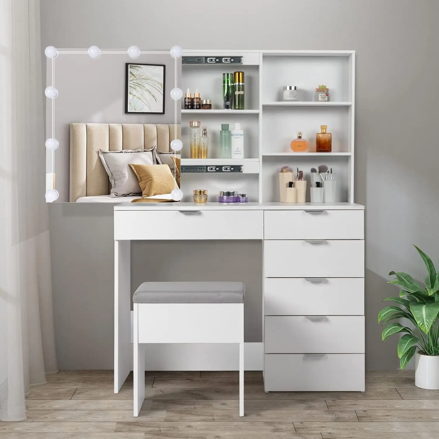 Karl home Vanity Desk with Sliding Mirror, 6-Drawer Makeup Vanity, Bedroom Makeup Desk, Vanity Table with Adjustable Brightness
Karl home Vanity Desk with Sliding Mirror, 6-Drawer Makeup Vanity, Bedroom Makeup Desk, Vanity Table with Adjustable Brightness