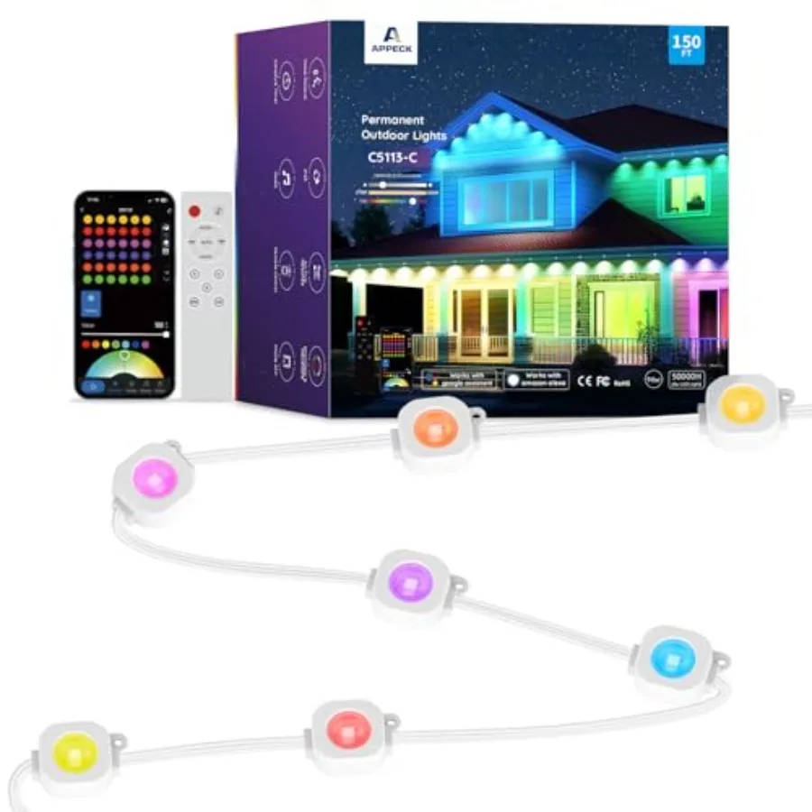 Permanent Outdoor Lights 150ft, RGBW Eaves Light with 108 LED Lights, 111+ Scenes Modes Outdoor Lighting, Waterproof Permanent
Permanent Outdoor Lights 150ft, RGBW Eaves Light with 108 LED Lights, 111+ Scenes Modes Outdoor Lighting, Waterproof Permanent