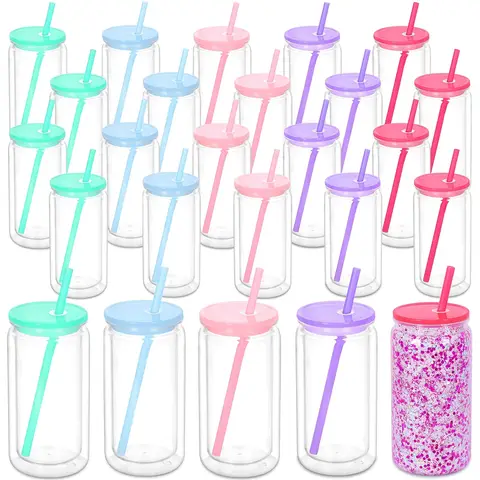25 Pack 16 Oz Clear Colorful Acrylic Snowglobe Tumbler with Pre-Drilled Double Wall Water Bottles, Includes Colorful Lid and Straws, Versatile for Halloween Thanksgiving Christmas Birthday Graduation DIY Craft Supplies, Bulk Party Supplies, Gift