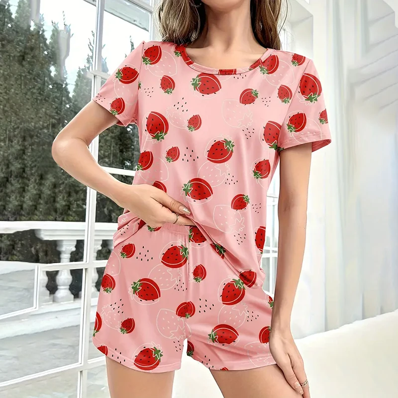 Strawberry Print Milk Silk Pajamas for Women, Lightweight Short Sleeve Top and Shorts Set Loungewear, Breathable Sleepwear
Strawberry Print Milk Silk Pajamas for Women, Lightweight Short Sleeve Top and Shorts Set Loungewear, Breathable Sleepwear