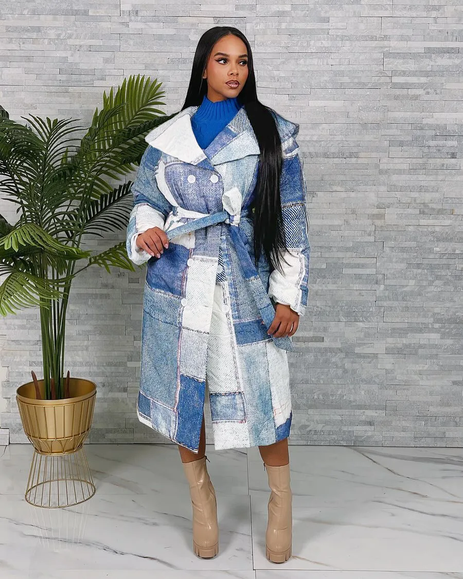 Women Coat Fashion Denim Patch Printed Large Lapel Lace-Up Long Cotton-Padded Jacket Streetwear Casual Lady Loose Thick Coat
Women Coat Fashion Denim Patch Printed Large Lapel Lace-Up Long Cotton-Padded Jacket Streetwear Casual Lady Loose Thick Coat