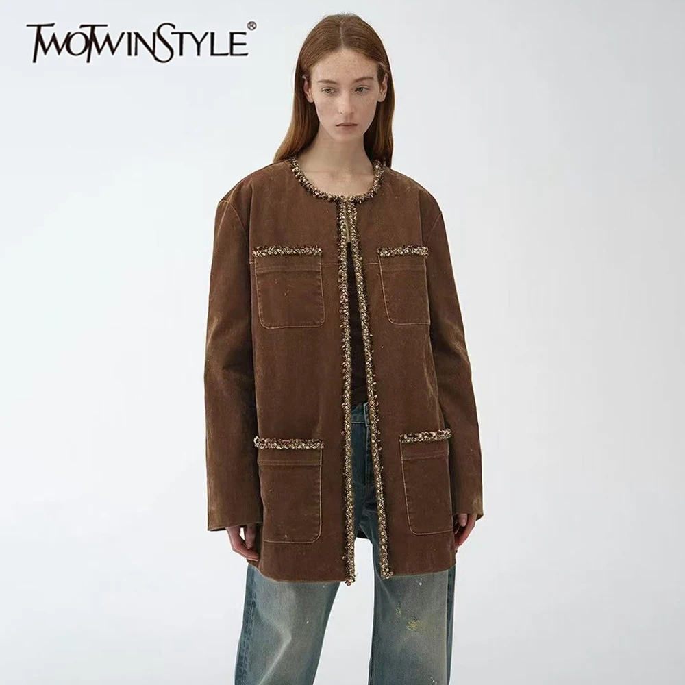 TWOTWINSTYLE Solid Loose Spliced Pockets Vintage Jackets for Women Round Neck Long Sleeves Patchwork Sequins Jacket Female New
TWOTWINSTYLE Solid Loose Spliced Pockets Vintage Jackets for Women Round Neck Long Sleeves Patchwork Sequins Jacket Female New