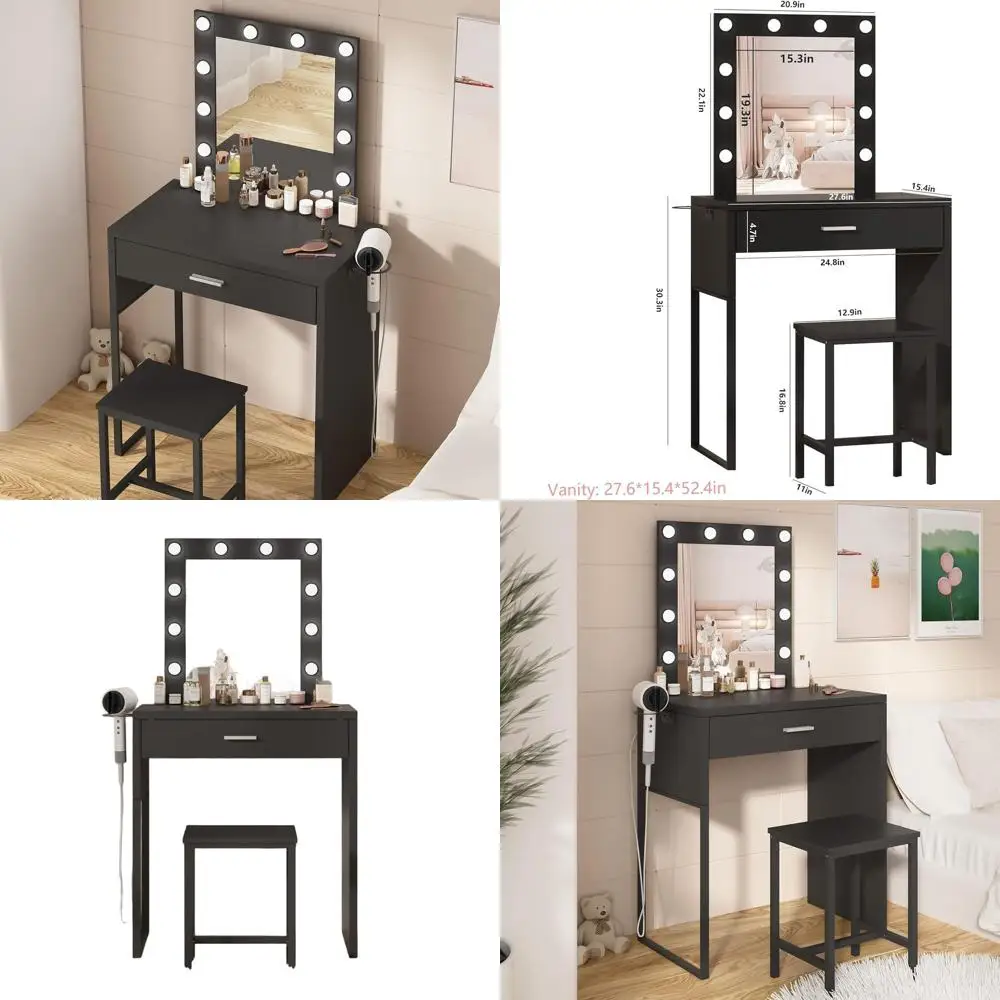 Adjustable Makeup Desk with Mirror & Lights, Black Vanity Set for Small Spaces or Girls' Bedroom
Adjustable Makeup Desk with Mirror & Lights, Black Vanity Set for Small Spaces or Girls' Bedroom