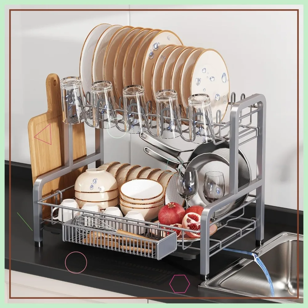 Двухуровневая сушилка для посуды из нержавеющей стали с поддоном, компактный современный органайзер для кухонной столешницы
Двухуровневая сушилка для посуды из нержавеющей стали с поддоном, компактный современный органайзер для кухонной столешницы