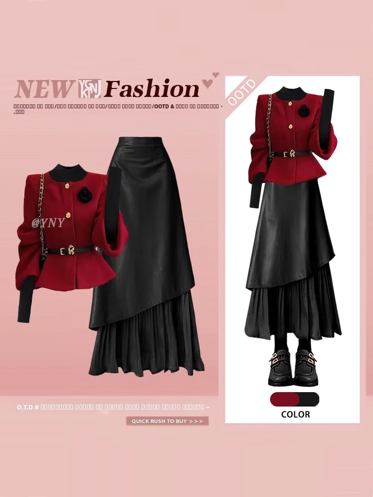 Red Belted Coat Base irt Asymmetrical Skirt Tee-Piece Set Women's Winter Faion New Year's Celebration Outfit
Red Belted Coat Base irt Asymmetrical Skirt Tee-Piece Set Women's Winter Faion New Year's Celebration Outfit