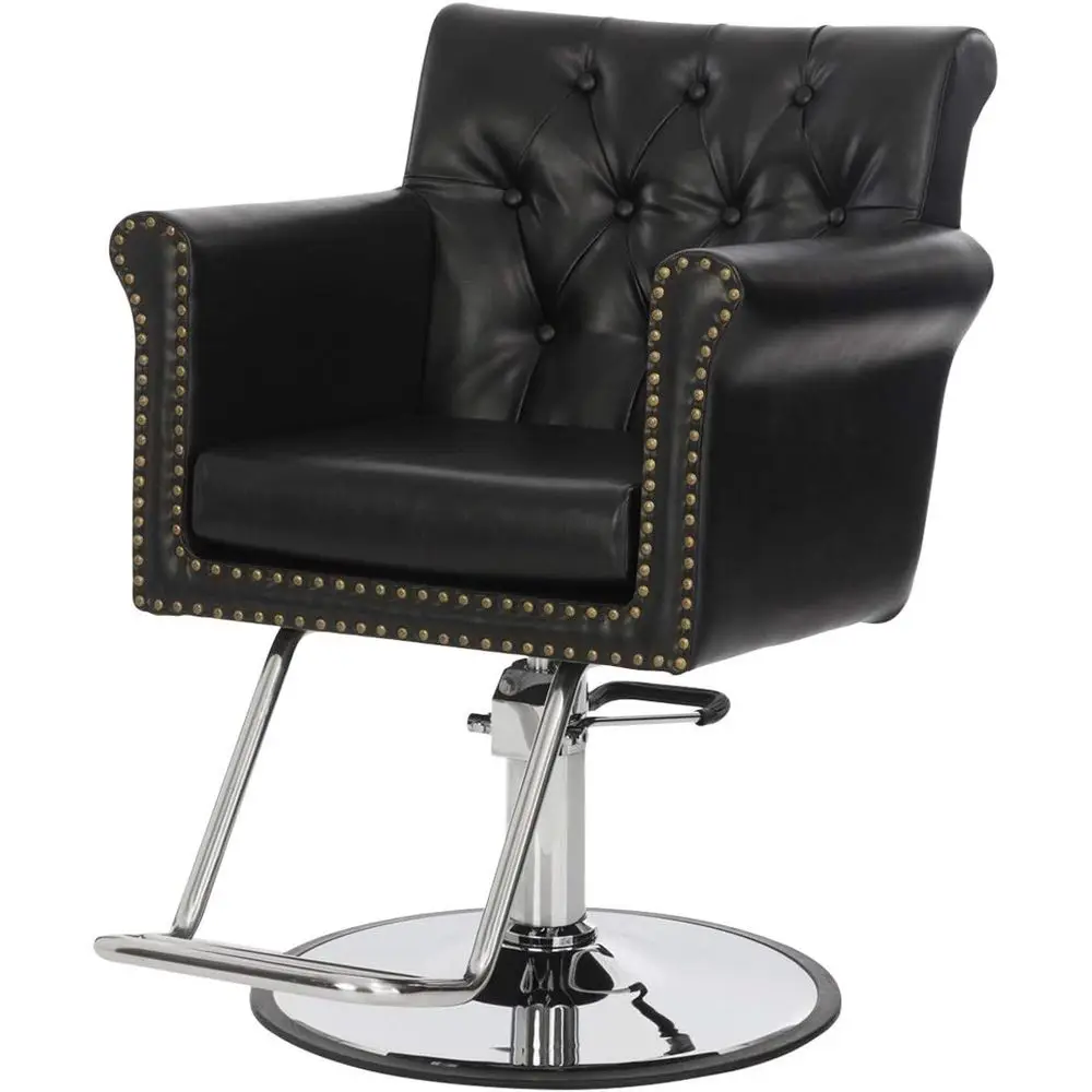 Black Tufted Salon Styling Chair with Nailhead Trim, Removable Cushion, Hydraulic Pump & Padded Arms
Black Tufted Salon Styling Chair with Nailhead Trim, Removable Cushion, Hydraulic Pump & Padded Arms