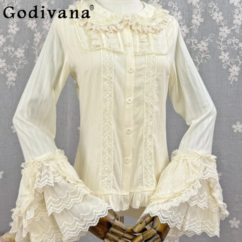 Lolita Spring Autumn Long Flare Sleeve Sweet Lace Peter Pan Collar Shirt Fashion Girl Age Reduction Elegant Bottoming Shirts
Lolita Spring Autumn Long Flare Sleeve Sweet Lace Peter Pan Collar Shirt Fashion Girl Age Reduction Elegant Bottoming Shirts