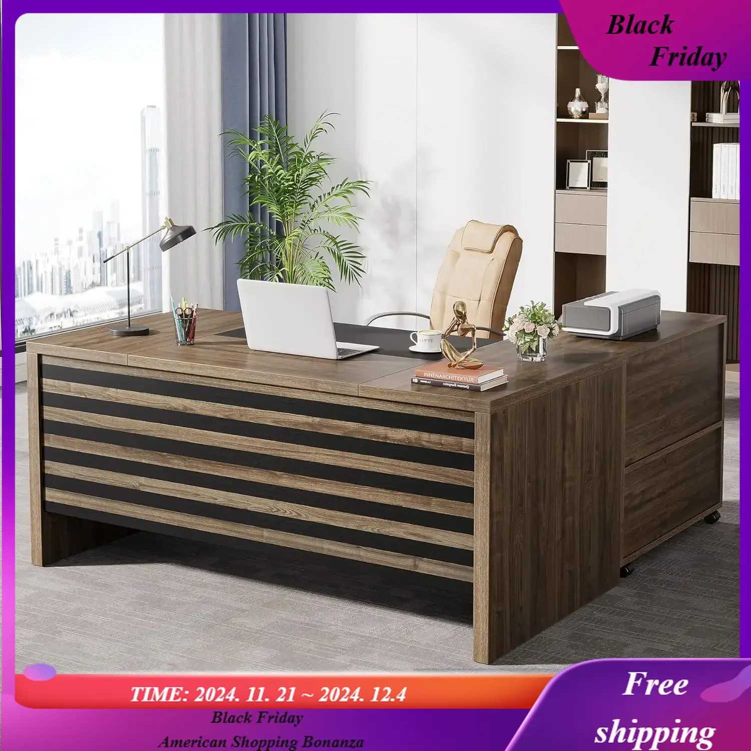 Executive Desk with Mobile File Cabinet, L-Shaped Office Desk with Storage Shelves, Large Computer Desk Busines Workstation
Executive Desk with Mobile File Cabinet, L-Shaped Office Desk with Storage Shelves, Large Computer Desk Busines Workstation
