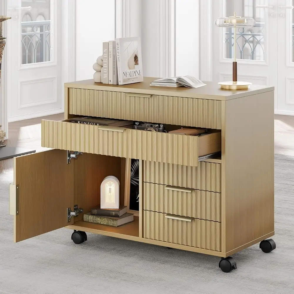 5-Drawer L-shaped Desk Cabinet, Door Storage Cabinet, Mobile Filing Cabinet with Lockable Wheels, Light Walnut Finish
5-Drawer L-shaped Desk Cabinet, Door Storage Cabinet, Mobile Filing Cabinet with Lockable Wheels, Light Walnut Finish