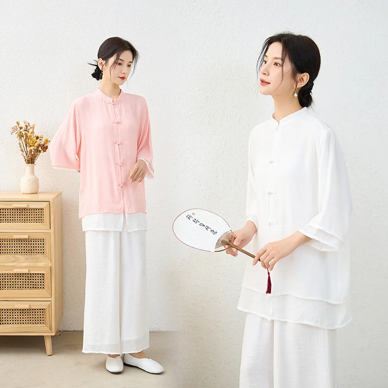 2023 Spring Summer New Retro Ethnic Style Cotton Zen Clothes Stand Up Collar Top Elastic Waist Pants Set for Women
2023 Spring Summer New Retro Ethnic Style Cotton Zen Clothes Stand Up Collar Top Elastic Waist Pants Set for Women