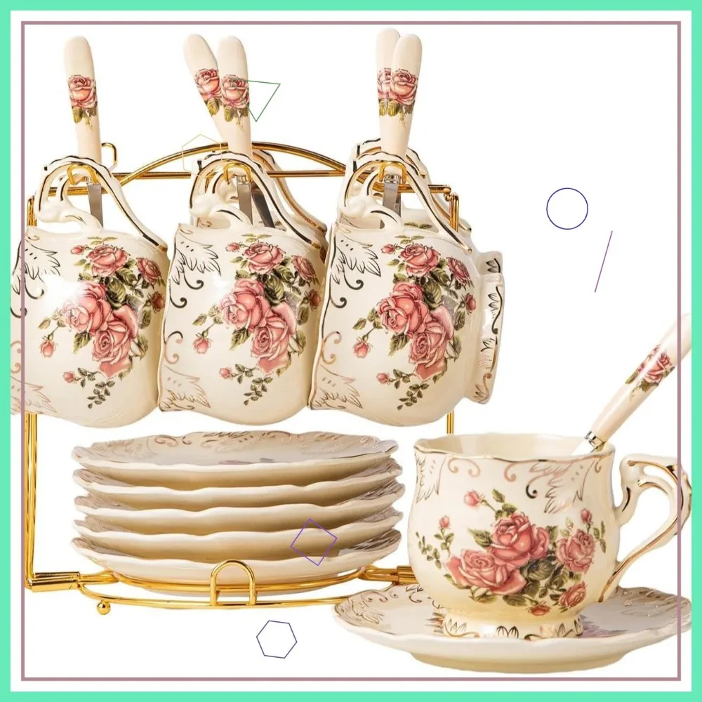 8 OZ Pink Rose Tea Cups and Saucers Set of 6, Vintage Floral Porcelain Teacups, Coffee Cups with Golden Rack
8 OZ Pink Rose Tea Cups and Saucers Set of 6, Vintage Floral Porcelain Teacups, Coffee Cups with Golden Rack