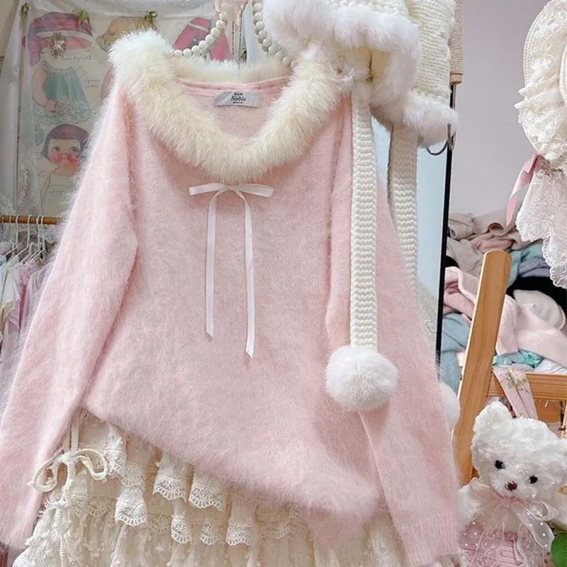 Милый и милый вязаный пуловер с бантом, женский осенне-зимний мягкий норковый бархатный свободный свитер Femme, пушистые корейские винтажные топы, тренд
Милый и милый вязаный пуловер с бантом, женский осенне-зимний мягкий норковый бархатный свободный свитер Femme, пушистые корейские винтажные топы, тренд