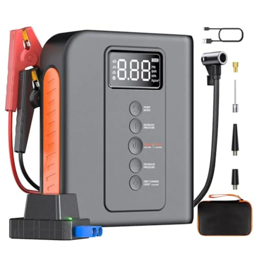 Portable Battery Jump Starter with Air Compressor 10000mAh for Car 150PSI Tire Inflator USB Charging LED Light for All Gas and
Portable Battery Jump Starter with Air Compressor 10000mAh for Car 150PSI Tire Inflator USB Charging LED Light for All Gas and