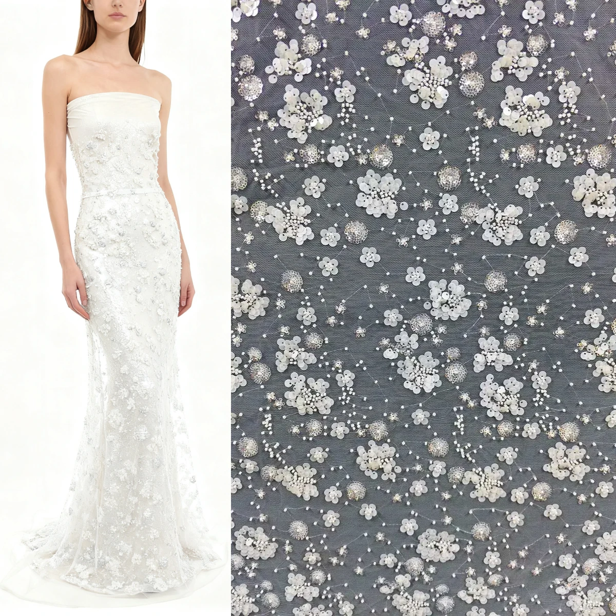 Белая вышитая кружевная ткань с бусинами и пайетками - свадебное платье, материал для рукоделия своими руками
Белая вышитая кружевная ткань с бусинами и пайетками - свадебное платье, материал для рукоделия своими руками