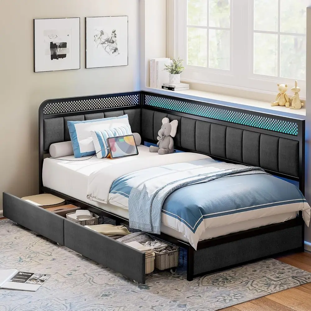 Storage Drawers Twin Bed with Charging Station and LED-lit Daybed, Upholstered Guardrail, Gray
Storage Drawers Twin Bed with Charging Station and LED-lit Daybed, Upholstered Guardrail, Gray