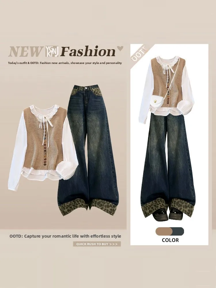 Spring Women's Leopard Print Patchwork Wide Leg Jeans Two Piece Set Loose round Ne Fake Two Piece irt Set High Waist Long...
Spring Women's Leopard Print Patchwork Wide Leg Jeans Two Piece Set Loose round Ne Fake Two Piece irt Set High Waist Long...