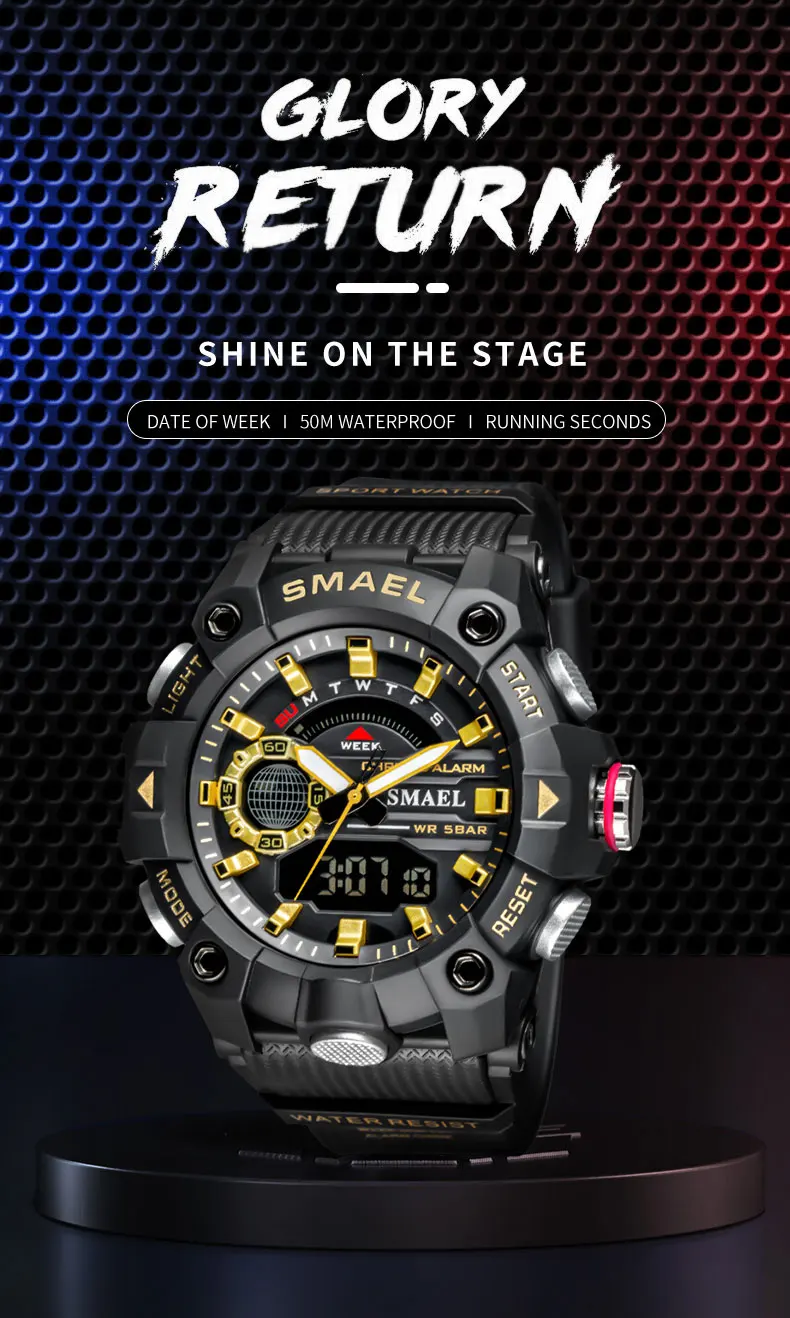 SMAEL 8040 Dual Display Military Watch for Men - 50M Waterproof LED Alarm Chronograph Stopwatch Shock Resistant
SMAEL 8040 Dual Display Military Watch for Men - 50M Waterproof LED Alarm Chronograph Stopwatch Shock Resistant