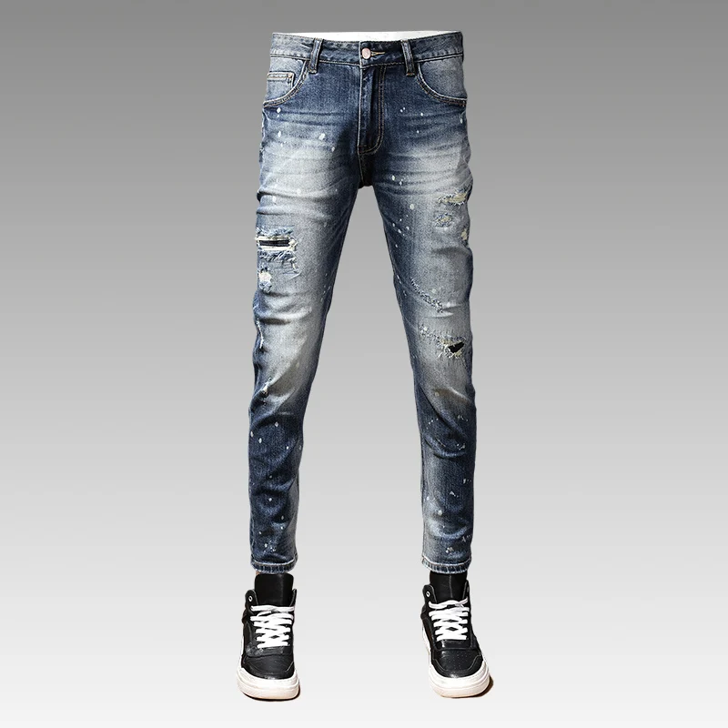 Fashion Designer Men Jeans High Quality Retro Blue Elastic Stretch Slim Fit Ripped Jeans Men Patched Vintage Denim Pants Hombre
Fashion Designer Men Jeans High Quality Retro Blue Elastic Stretch Slim Fit Ripped Jeans Men Patched Vintage Denim Pants Hombre