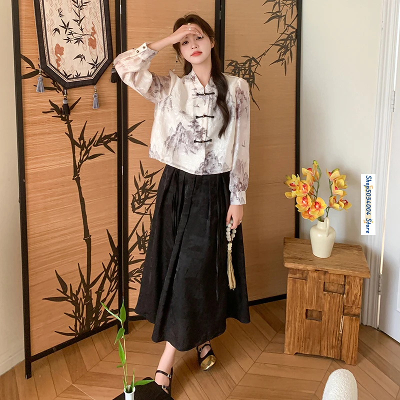 Retro Chinese Style Print Stand Collar Long Sleeve Short Shirt Two Piece Set 2024 Autumn Elegant Black Skirt Women Outfit 2007
Retro Chinese Style Print Stand Collar Long Sleeve Short Shirt Two Piece Set 2024 Autumn Elegant Black Skirt Women Outfit 2007