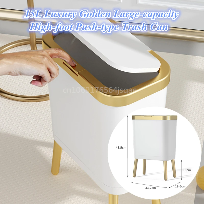 15L Luxury Golden Trash Can Large-capacity Trash Bin for Kitchen Bathroom High-foot Push-type Plastic Garbage Trash Compost Bin
15L Luxury Golden Trash Can Large-capacity Trash Bin for Kitchen Bathroom High-foot Push-type Plastic Garbage Trash Compost Bin