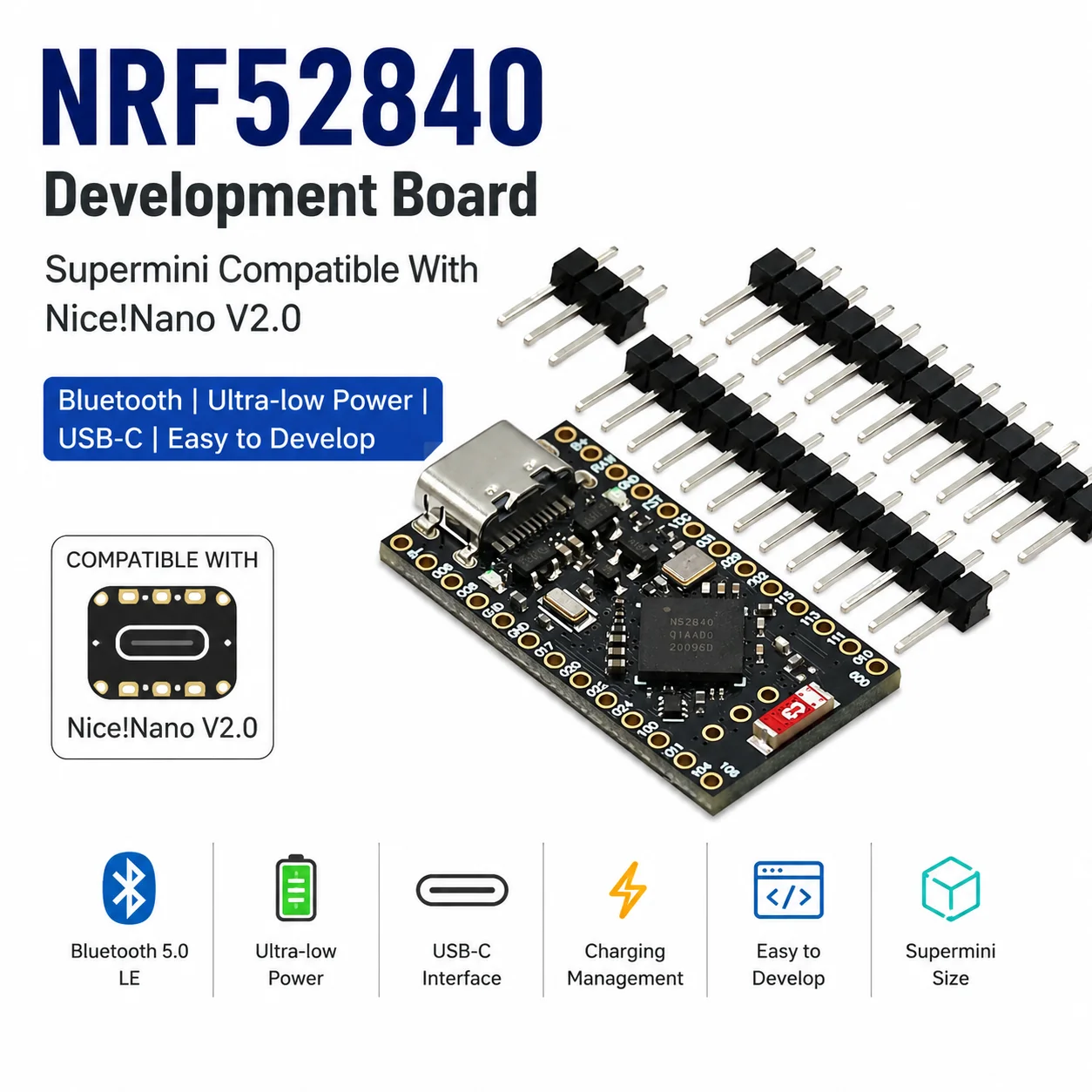 NRF52840 Development Board Supermini Compatible With Nice!Nano V2.0 Bluetooth Charging Management
NRF52840 Development Board Supermini Compatible With Nice!Nano V2.0 Bluetooth Charging Management