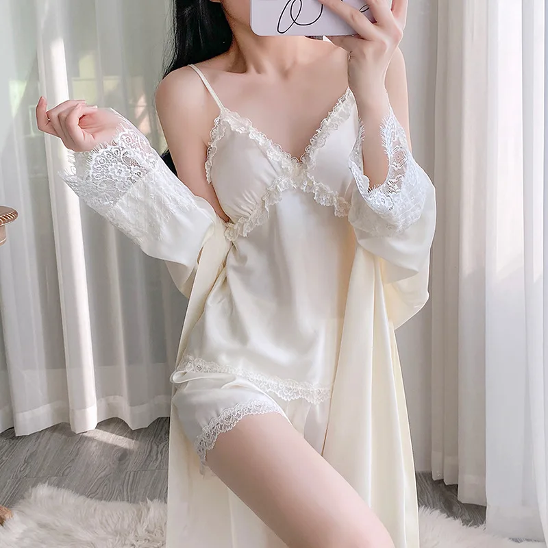 Female 3PCS Pajamas Set Sleepwear Sexy Kimono Bathrobe Lace Applique Sling Shorts Casual Satin Homewear Loungewear
Female 3PCS Pajamas Set Sleepwear Sexy Kimono Bathrobe Lace Applique Sling Shorts Casual Satin Homewear Loungewear