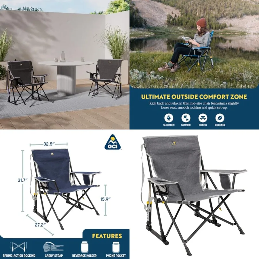 Kickback Rocker Outdoor Rocking Chair with Beverage Holder,250 lbs Weight Capacity; Open Dimensions: 27.2" Depth x 32.5" Width x 31.7" Height (Seat Height: 15.9"); Folded Dimensions: 7.9" Depth x 5.9" Width x 39" Height. Weight: 10.6 lbs.
Kickback Rocker Outdoor Rocking Chair with Beverage Holder,250 lbs Weight Capacity; Open Dimensions: 27.2" Depth x 32.5" Width x 31.7" Height (Seat Height: 15.9"); Folded Dimensions: 7.9" Depth x 5.9" Width x 39" Height. Weight: 10.6 lbs.