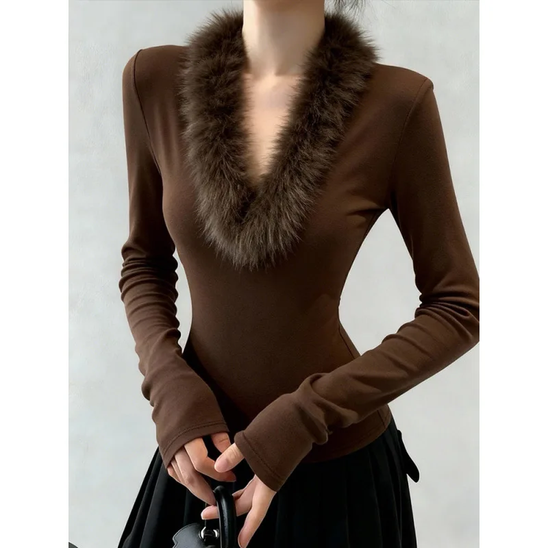 Women's V-Ne T-irt Fce Lined Brued Inner Wear Base Layer Top Coffee Color Fur Collar Autumn Winter
Women's V-Ne T-irt Fce Lined Brued Inner Wear Base Layer Top Coffee Color Fur Collar Autumn Winter