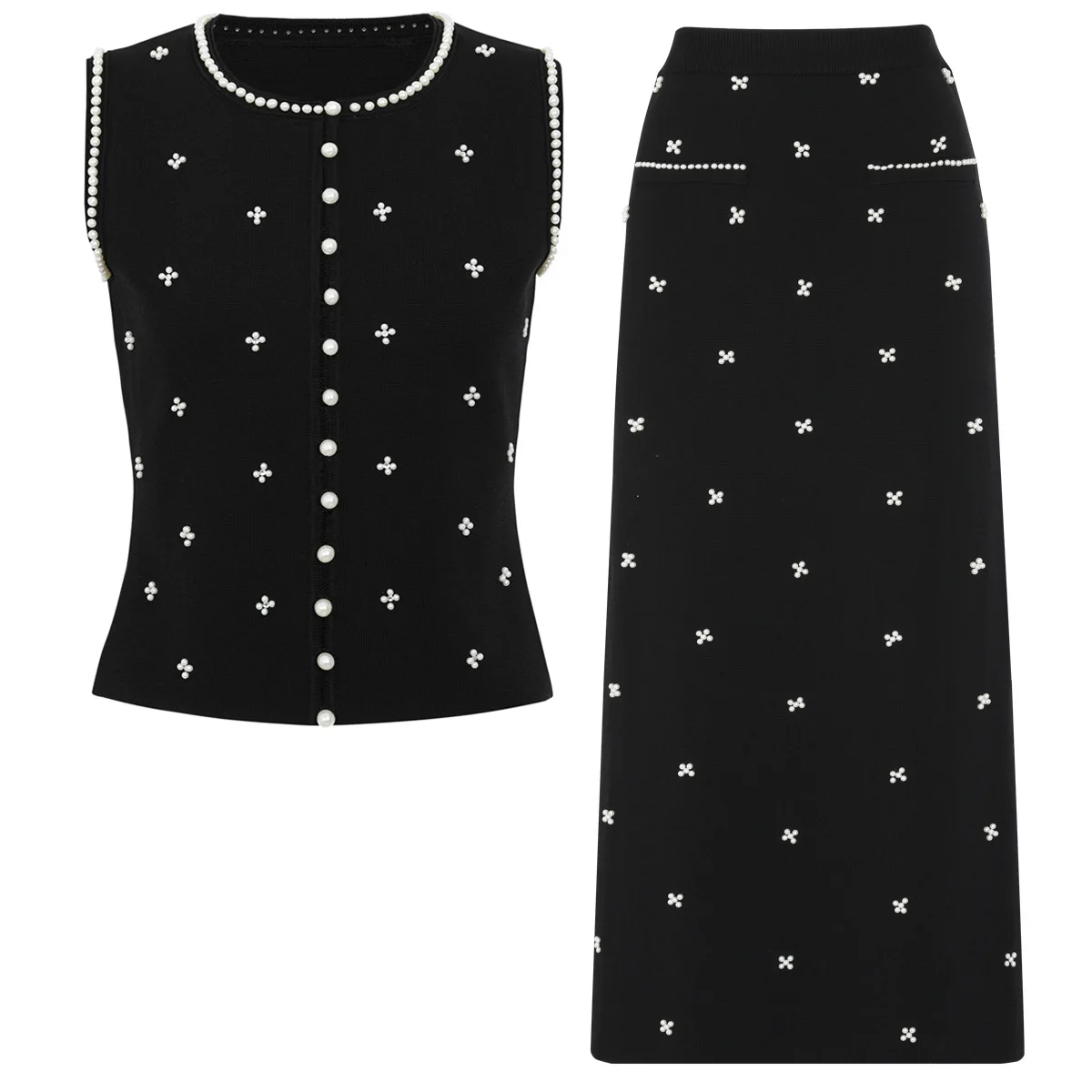 In Stock Summer Lady High Quality Solid Suit Beading O-neck Sleeveless Single-breasted Cardigan Slim LongSkirt Women Knit 2pcs
In Stock Summer Lady High Quality Solid Suit Beading O-neck Sleeveless Single-breasted Cardigan Slim LongSkirt Women Knit 2pcs