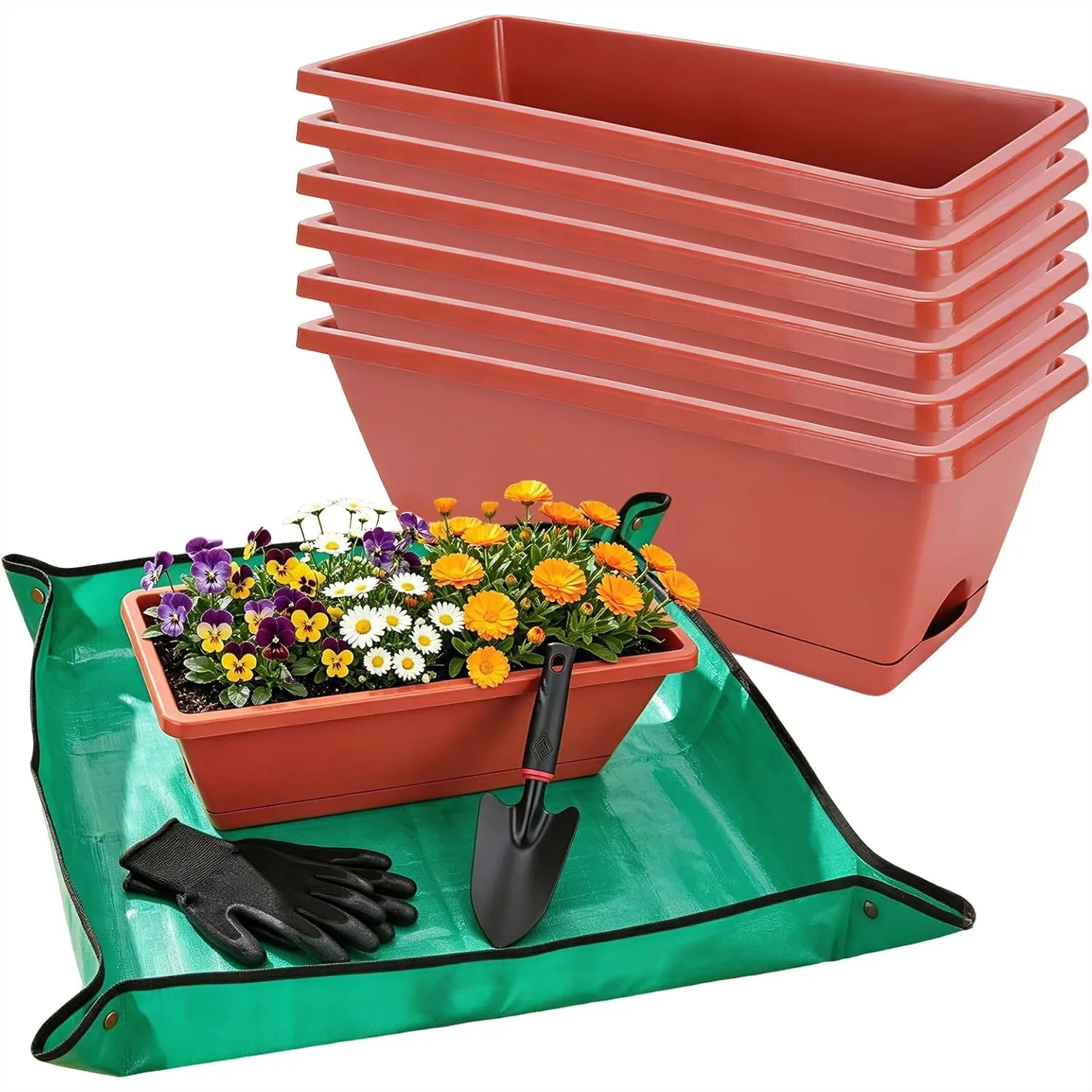 Window Box Planters 7 Pack, 17 Inch Plastic Rectangular Flower Pots for Indoor Outdoor Plants with Trowel, Mat & Gloves
Window Box Planters 7 Pack, 17 Inch Plastic Rectangular Flower Pots for Indoor Outdoor Plants with Trowel, Mat & Gloves